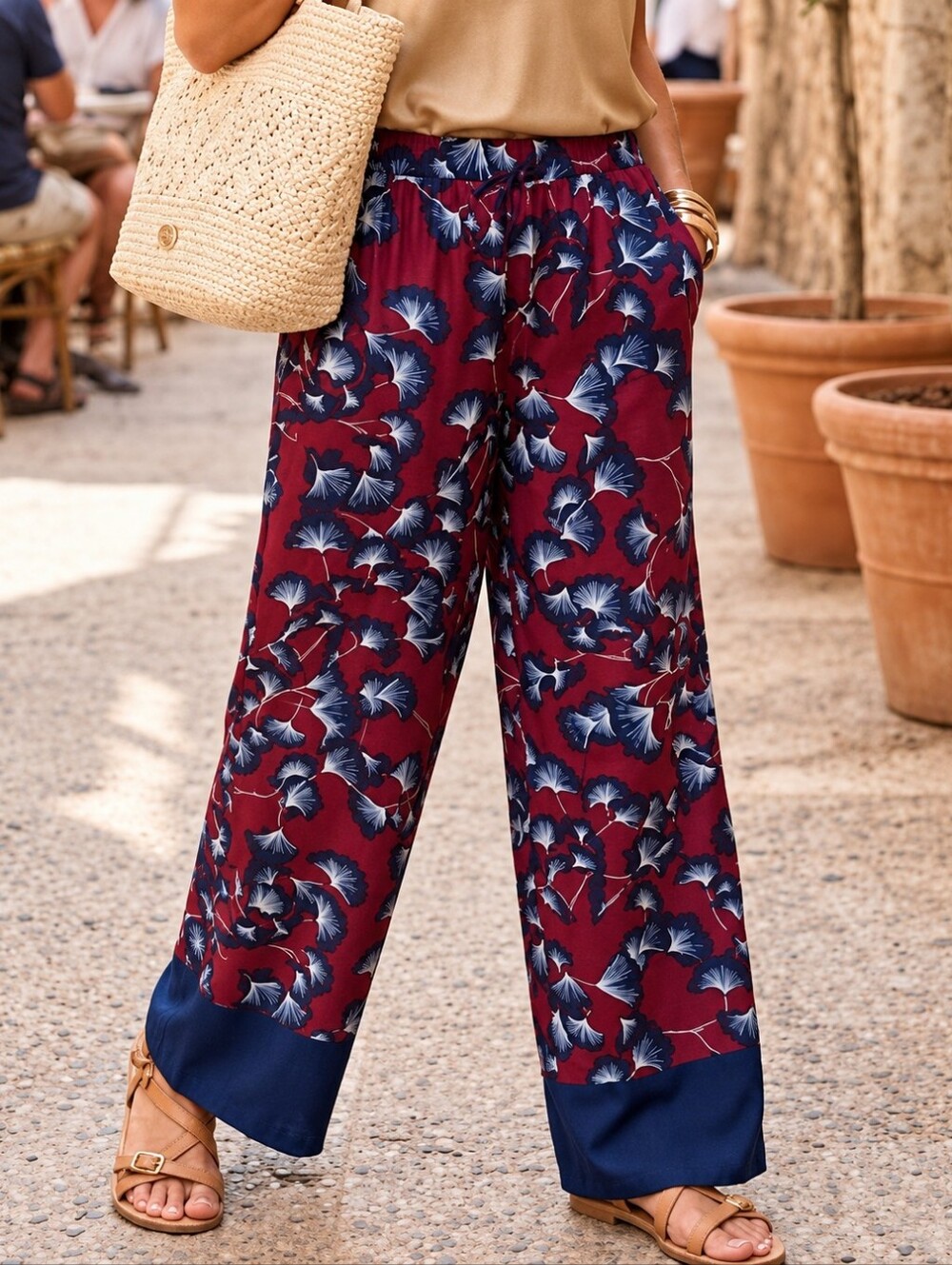 BCBGMAXAZRIA Joan Wide Leg Floral Palazzo Pants Bordeaux Size S